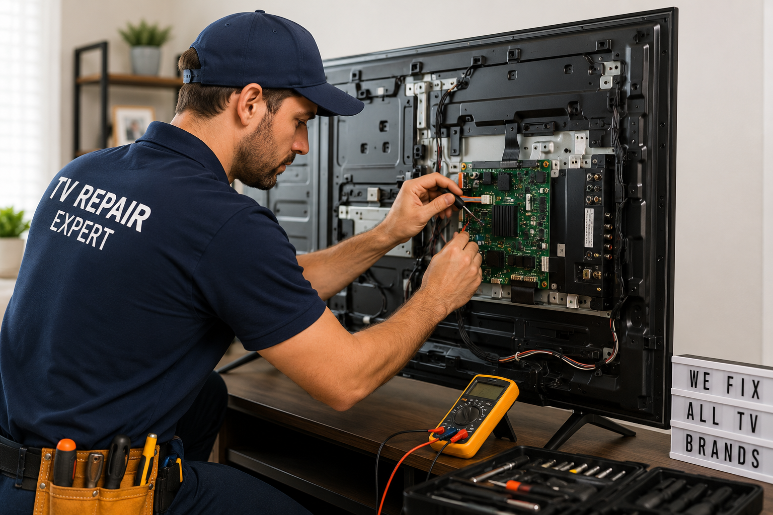 TV Repair Technician working on circuit board